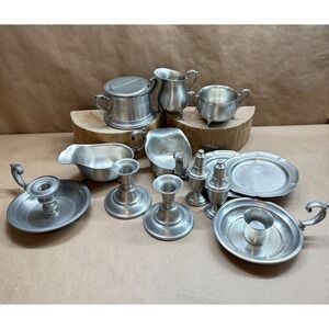 International Pewter 15 pc Candlesticks Plates Creamer Sugar Shakers Gravy Boat